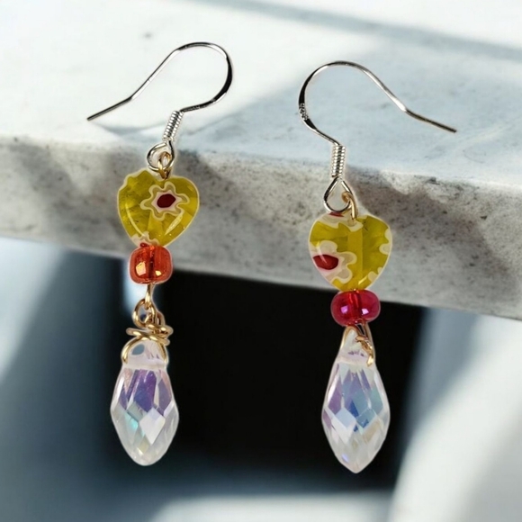 Silver Plated Millefiori Lampwork Glass Teardrop AB Beads Dangle Earrings - Picture 1 of 2
